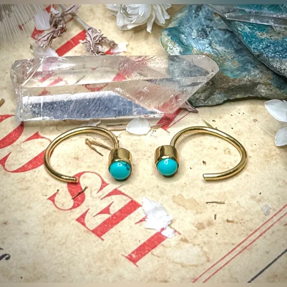 18k Gold Plated Sterling Silver Dry Creek Turquoise Huggie Hoop No Back Earrings - Picture 10 of 11